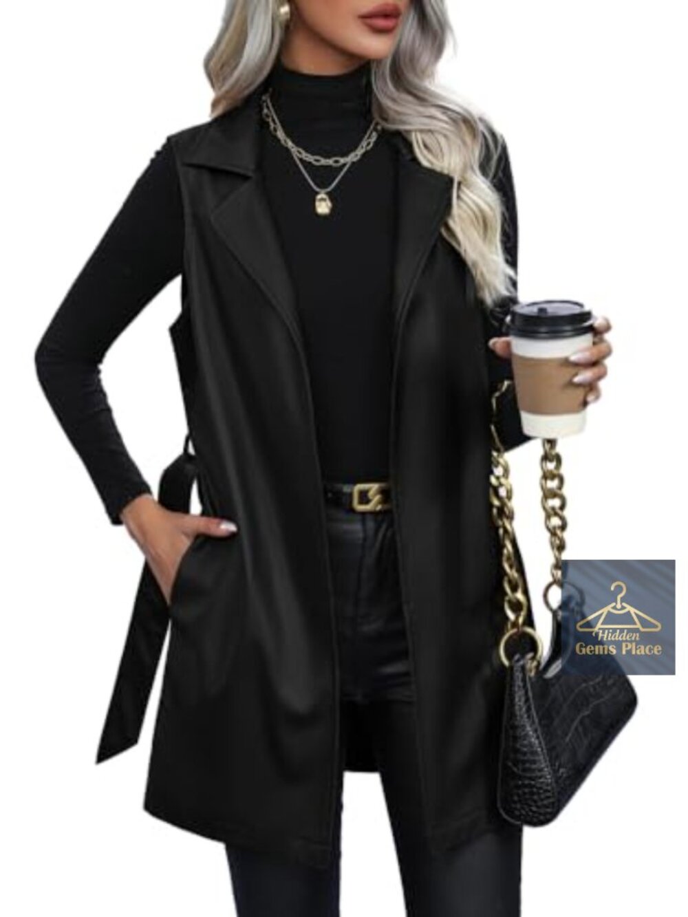 Faux Leather Sleeveless Open Front Long Vest with Belt